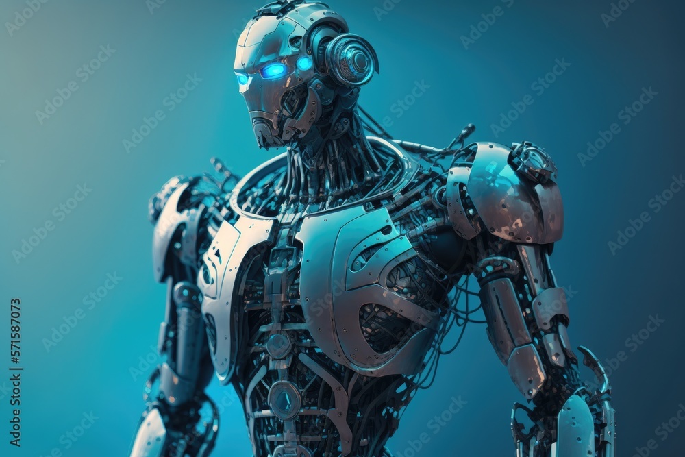Android man cyborg. Humanoid futuristic robot on a blue background. Generative AI