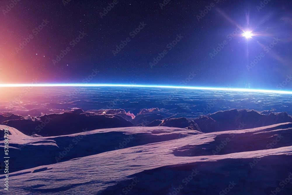 Sunset on unknown planet. Space landscape background. Generative AI Sunset on unknown planet. Space landscape background. Generative AI