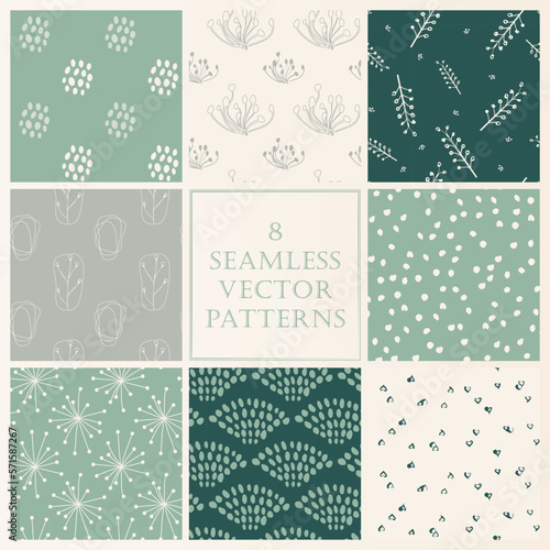 Set of seamless vector patterns with botanical hand-drawn  theme and soft mint and creme palette.