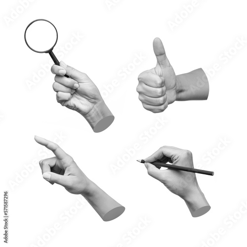 Fotografia Trendy 3d collage of female hands showing gestures such thumb up, point to object, holding a magnifying glass, writing isolated on white background