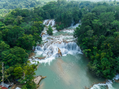 Aerial view of the waterfalls Agua Azul, Chiapas (Mexico). Panorama.
