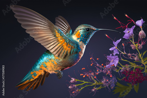 A hummingbird, Meliphagidae family, hovering over a brightly coloured flower, collecting nectar - Generative AI