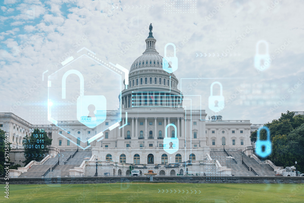 Capitol dome building exterior, Washington DC, USA. Home of Congress and Capitol Hill. American political system. The concept of cyber security to protect confidential information, padlock hologram