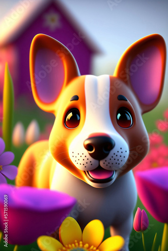 A cute dog in front of a barn with colorful flowers. Farm animal. Generative AI.