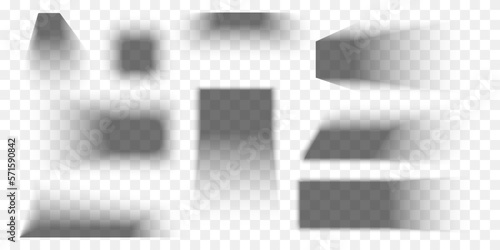 Set of square and rectangle shadow effects isolated on transporent background. Different realistic soft shapes. Shades of box, package, picture on floor or wall. Vector illustration
