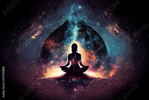 Woman sitting in yoga lotus pose and her connection to space. Generative Ai