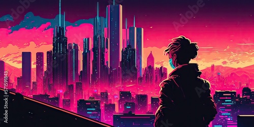Above the City, Neon Lights Skyscraper Painting Skyline Building Science Fiction Sky Bright Colors Brush Sky Gradient Art in Vibrant Colors Neontube Neon City in the Future Cyberpunk Image 2077 Synthw