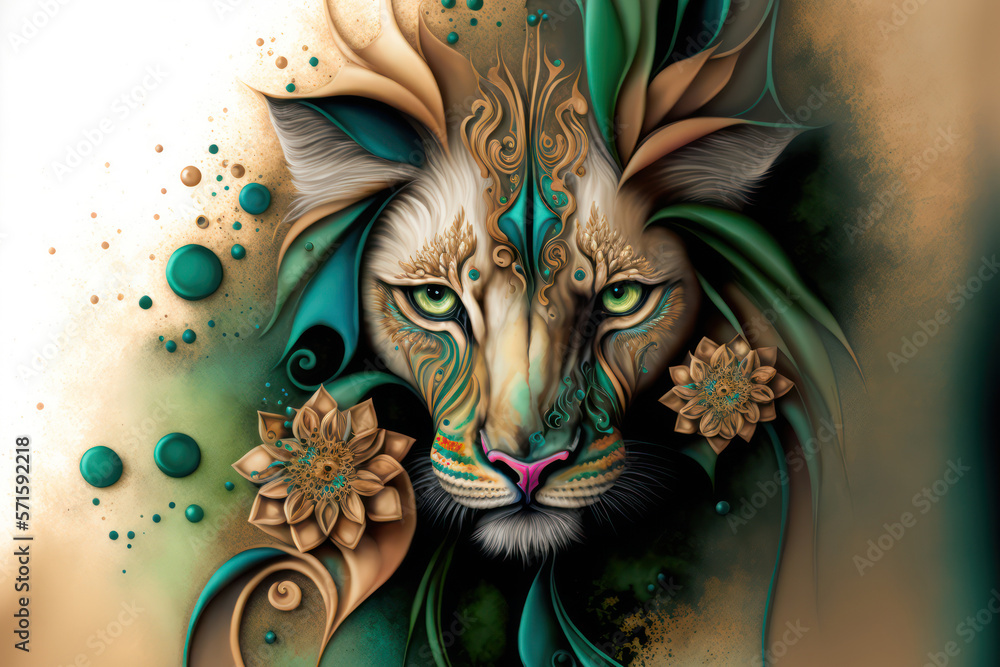 Generative AI illustration of floral design blended with lion face ...