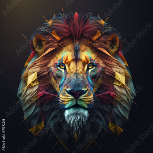 Generative AI illustration of phantasmal irridiscent polygonal style image of lion s face full frontal concept art style