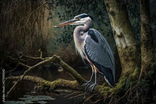 A grey heron on a tree. Generative AI photo