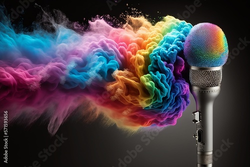 A microphone emitting rainbow colored super vivid and vibrant colored smoke