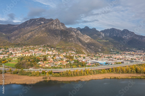 Aerial view of a small settlement near Isella, a small village on Annone Lake, Lecco, Italy. photo