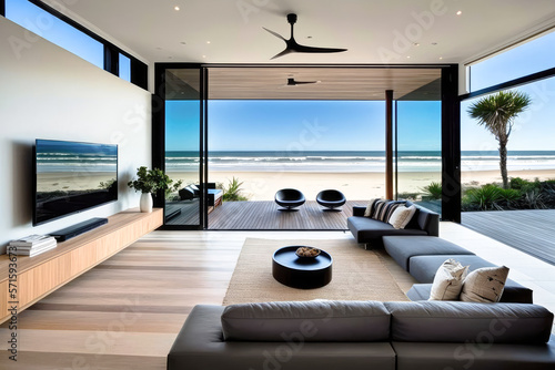 A beachfront home with a seamless indoor-outdoor design, interior design