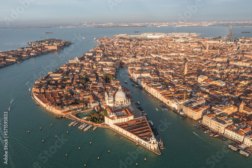 Aerial view of Santa Maria della Salute church along the lagoon in Venice, Veneto, Italy. photo