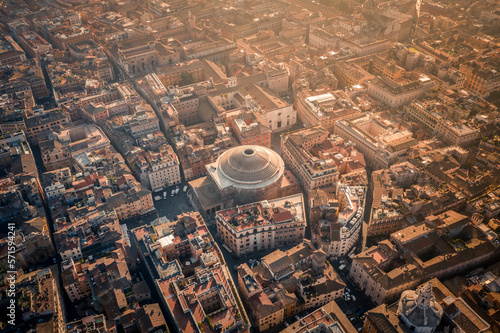 Aerial view of the Pantheon, a famous Roman Temple and landmark in Rome downtown, Lazio, Italy.