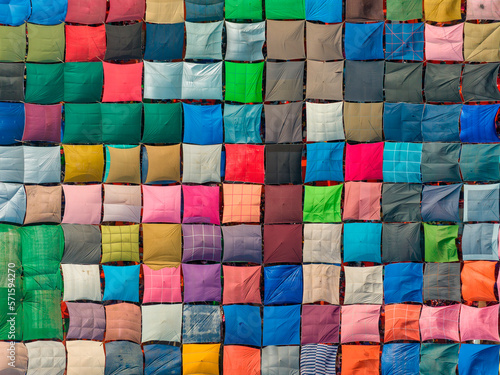 Aerial view of local market colourful tents at Minar Moshjid Tabling for the Global Muslims Congregation in Tongi, Dhaka, Bangladesh.