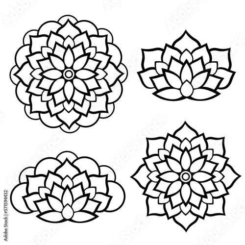 Simple abstract flowers icons set. Black and white round symmetrical  flower set.