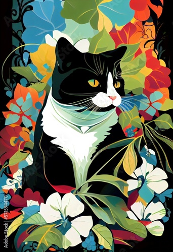 tuxedo cat floral background with lot of colors, art illustration 
generative ai