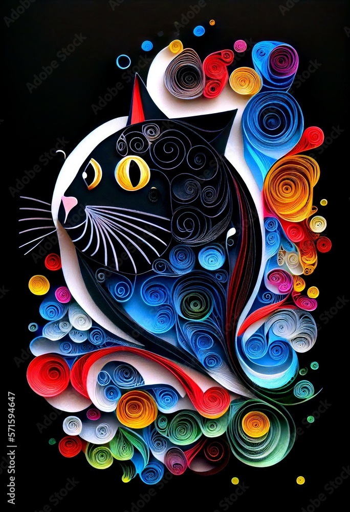 paper cut quilling tuxedo cat fish background with lot of colors, art illustration
generative ai