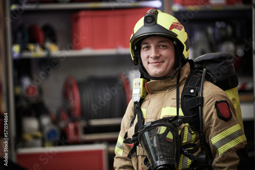 firefighter on duty. Portrait of fireman at work