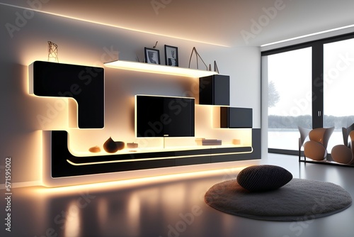 Modern designed furniture in livingroom with led backlight - generative ai