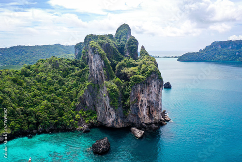 Aerial view of Loh Lana Bay and Nui Beach with high cliffs on Phi Phi island, Thailand. photo