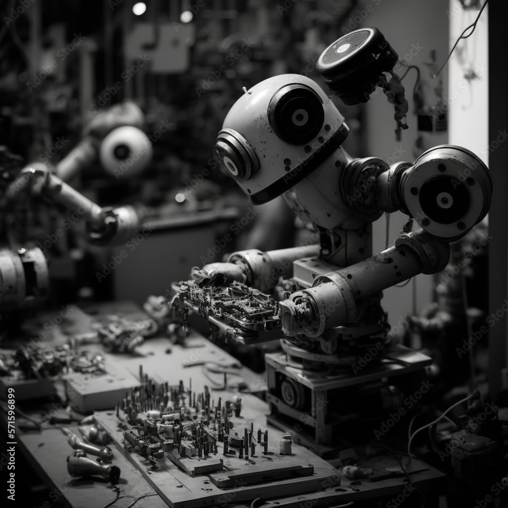 Robot assembly as they work on a production line high-tech technology smart eyes worker iron metal Generative AI Robot assembly as they work on a production line high-tech technology smart eyes worker iron metal Generative AI