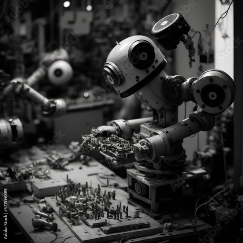 Robot assembly as they work on a production line high-tech technology smart eyes worker iron metal Generative AI