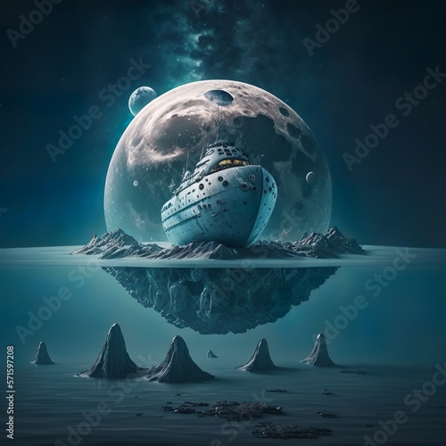 spaceship floating in the water on the moon space exploration modern by vehicle fly travel underwater boat adventure planet earth universe science Generative AI photo