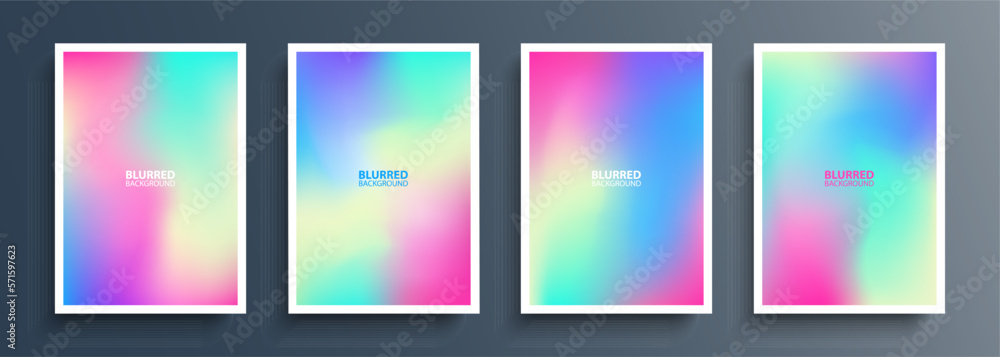 Set of blurred backgrounds with light soft color gradients. Holographic effect. Graphic templates collection for brochures covers, posters, flyers and cards. Vector illustration.