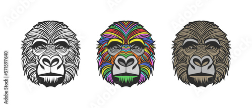 Vector set of wise serious and dejected gorilla heads on an isolated background. Black and white, multicolor sticker, logos or icons.