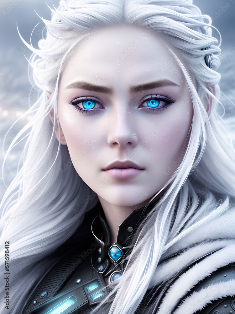 Fantasy ice power witch. A beautiful snow queen with magic eyes. Fairy tale ice queen. Ice queen