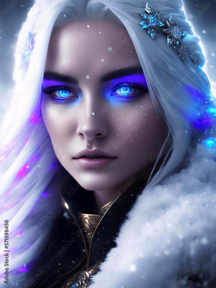 Fantasy ice power witch. A beautiful snow queen with magic eyes. Fairy