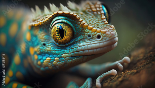 Fotografiet iguana on a branch, Macro, Generative AI