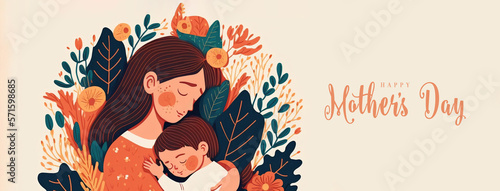 Illustration of mother with her little child, flower in the background. Concept of mothers day, mothers love, relationships between mother and child. Created with Generative AI technology.