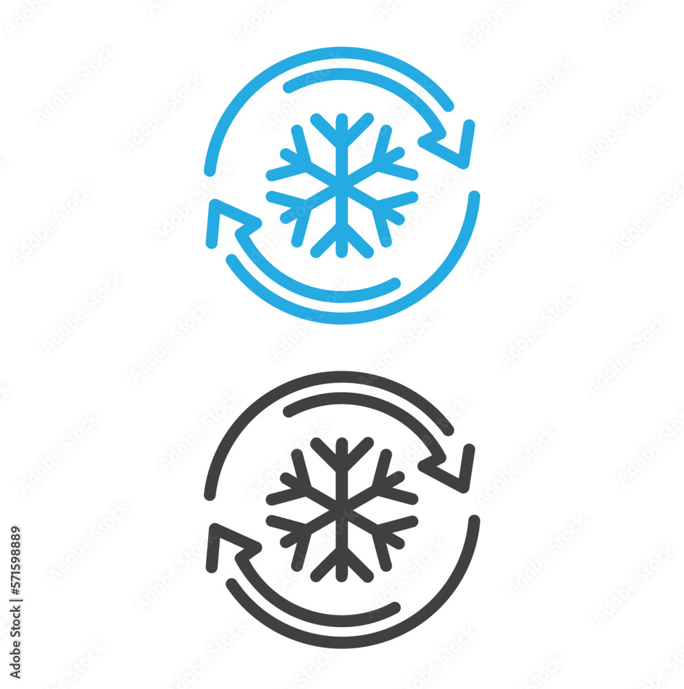 Freezer control icon, auto cooling or defrost, conditioning car or house, snowflake with two rotation arrows. Freezer control icon, auto cooling or defrost, conditioning car or house, snowflake with two rotation arrows.