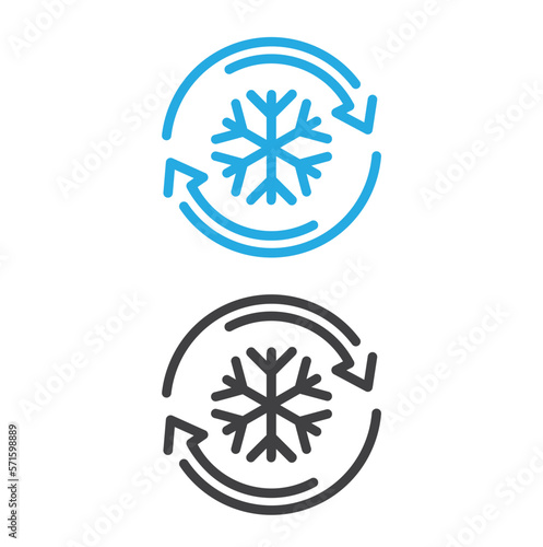 Freezer control icon, auto cooling or defrost, conditioning car or house, snowflake with two rotation arrows.