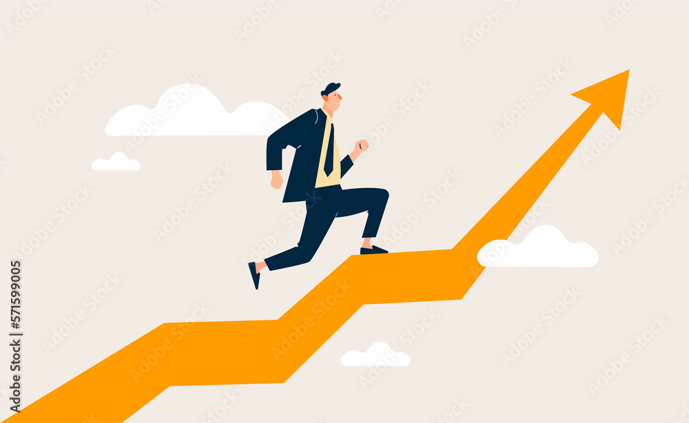 Fototapeta premium Career path to grow, achievement and success in job or leadership to win business concept, businessman running on rising arrow to the sky.