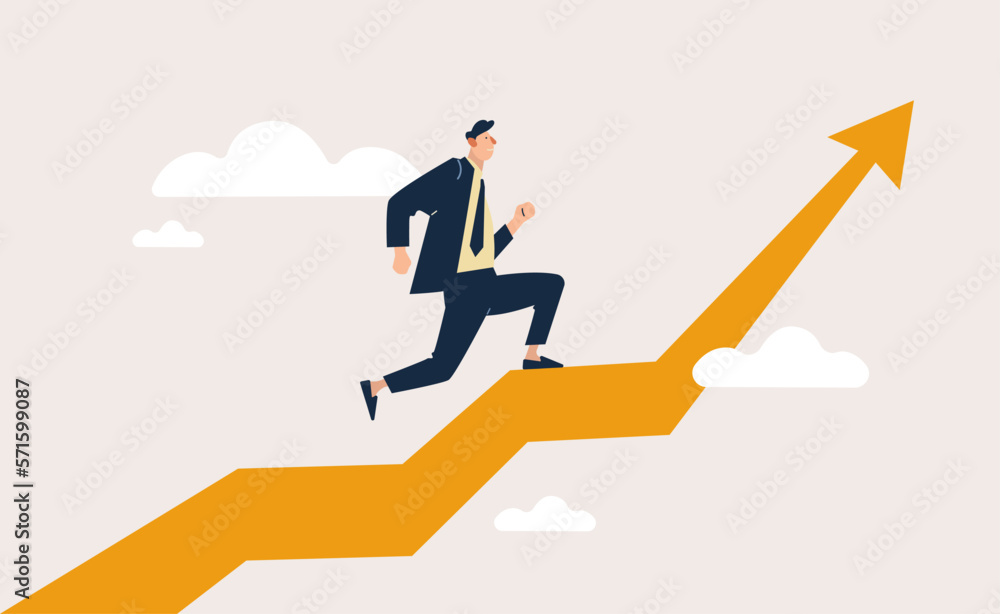 Career path to grow, achievement and success in job or leadership to win business concept, businessman running on rising arrow to the sky. Career path to grow, achievement and success in job or leadership to win business concept, businessman running on rising arrow to the sky.