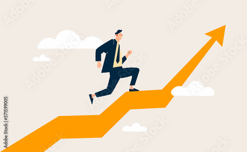 Career path to grow, achievement and success in job or leadership to win business concept, businessman running on rising arrow to the sky.