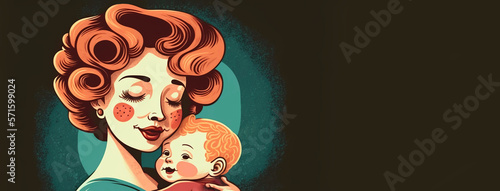 Illustration of mother with her little child, flower in the background. Concept of mothers day, mothers love, relationships between mother and child. Created with Generative AI technology.