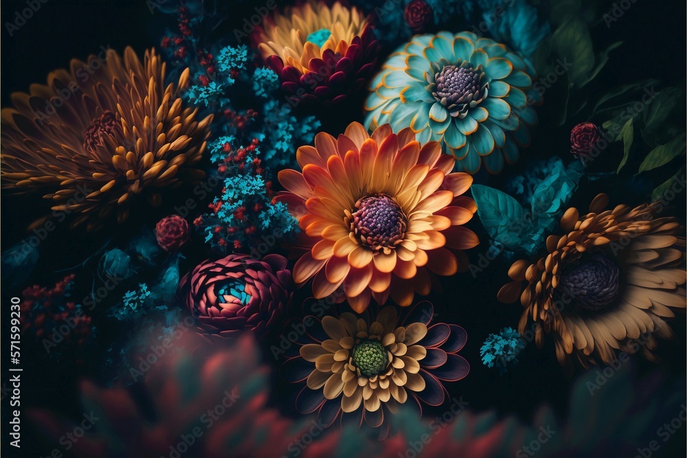 Illustration of bouquet on dark background.Created with Generative AI technology.