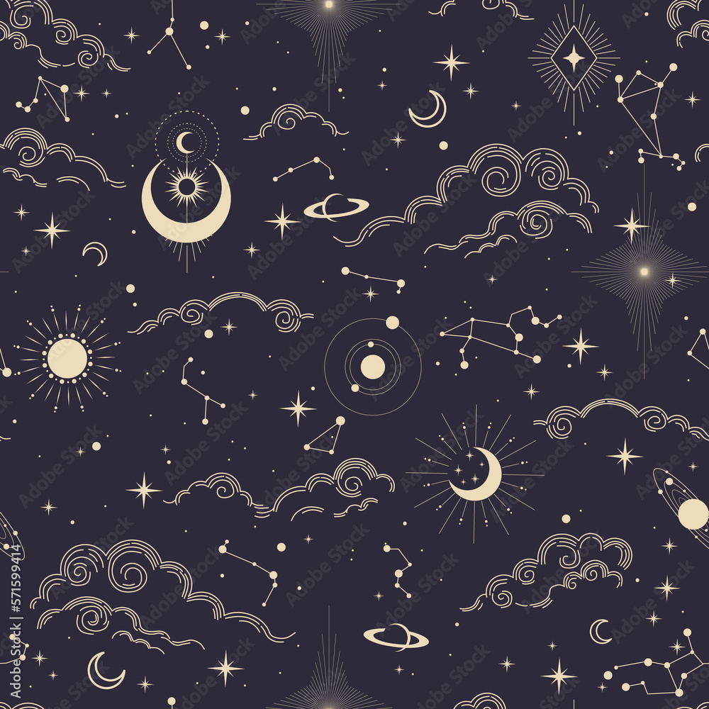 Seamless magic pattern with sun, moon, clouds, stars. Vector elements on dark background. Cosmos print.