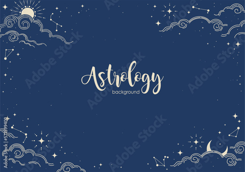 Boho background with stars, herbs and constellations. Magical  banner with a place for text. Esoteric backdrop