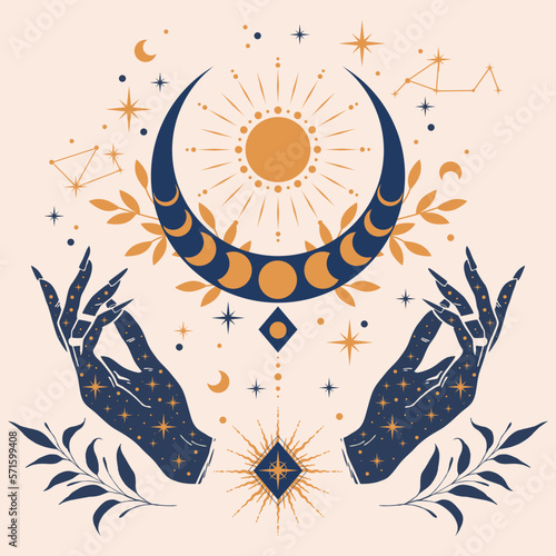 Fotografering Bohemian aesthetic illustration with hands and moon phases Boho chic tattoo, poster or altar veil print design vector illustration