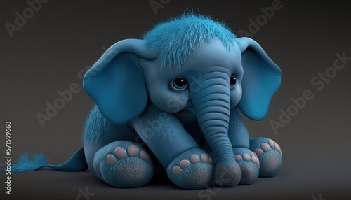  a blue elephant sitting on the ground with its trunk up and eyes wide open, with a black background and a gray background behind it. generative ai