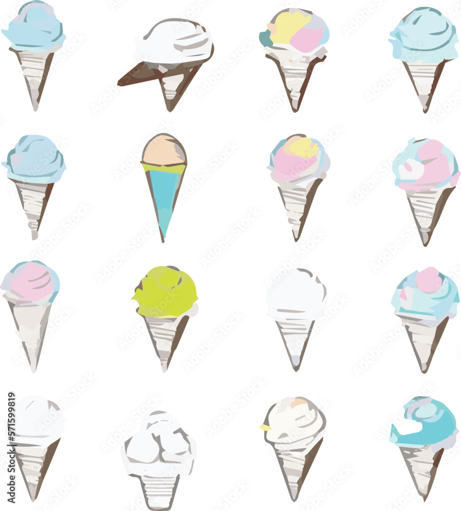 Set of images of ice cream cones in various interesting designs. Side view image. Various seasonings and textures.
Set of images of ice cream cones in various interesting designs. Side view image. Various seasonings and textures.