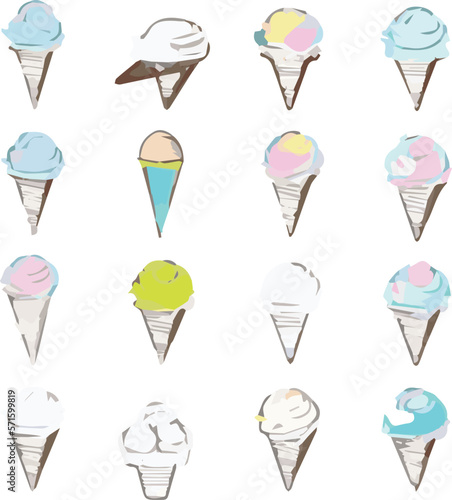 Set of images of ice cream cones in various interesting designs. Side view image. Various seasonings and textures. 