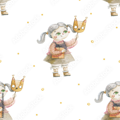 cute carnaval pattern with babies. Funny children celebrate event. Seamless pattern for kids. Endless wallpaper for nursery, design and decor