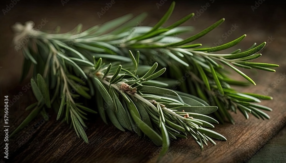  a close up of a branch of rosemary on a wooden surface with a blurry back drop of light from the top of the branch.  generative ai